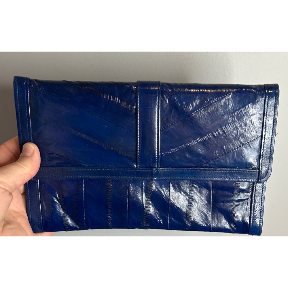 Vintage Cobalt Blue Genuine Eel Skin Envelope Clutch Bag Made in Korea